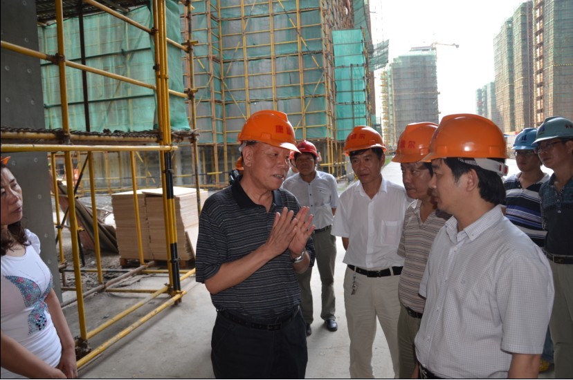 1領導參觀考察使用康綠爾保溫板的在施工程：虞鎮城鄉一體化示范小區工程——海福新城商業項目。李秉仁左，顧浩（海虞鎮黨委委員 副鎮長）右